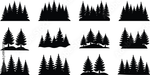 Set of black pine tree silhouettes, featuring forest evergreen landscapes and coniferous fir tree groups for nature outdoors adventure design.