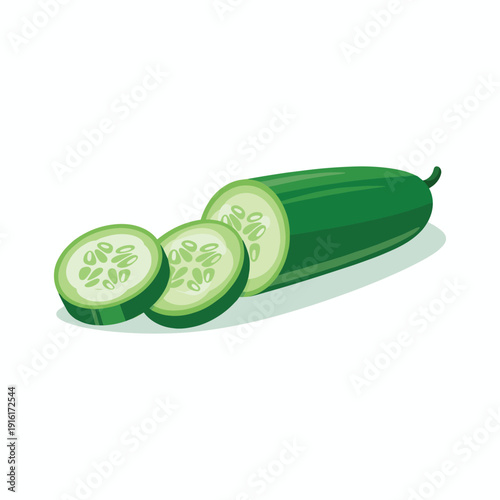 Whole cucumber with two slices cut off sliced cucumber green vegetable cut vegetable food vector illustration isolated on white background.