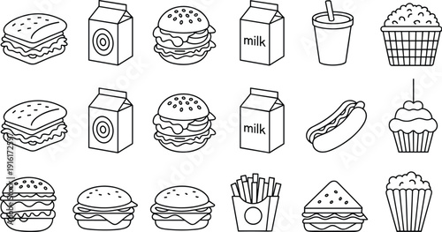 Minimalist line art icons of fast food items, including burgers, sandwiches, milk cartons, hot dogs, fries, popcorn, and drinks.