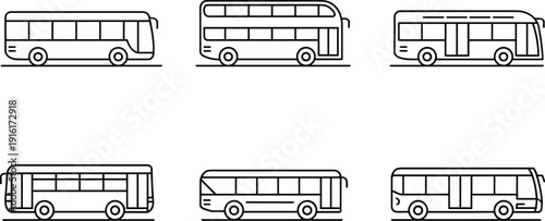 City Bus Line Icon Set with Public Transport Vehicle Side View Outline Vector Illustration Collection