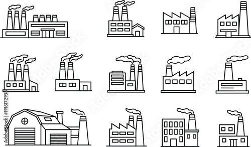 Factory and Industrial Building Line Icon Set with Power Plant Warehouse and Manufacturing Vector Illustration