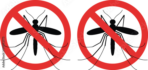 No Mosquito Sign Prohibition Symbol with Stop Insect Warning Red Circle Flat Vector Illustration