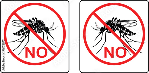 No Mosquito Sign with Prohibition Symbol Stop Insect Warning and Pest Control Vector Illustration Set