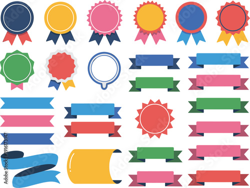 Award Badge and Ribbon Banner Collection with Colorful Medal Labels and Vintage Award Vector Illustration Set