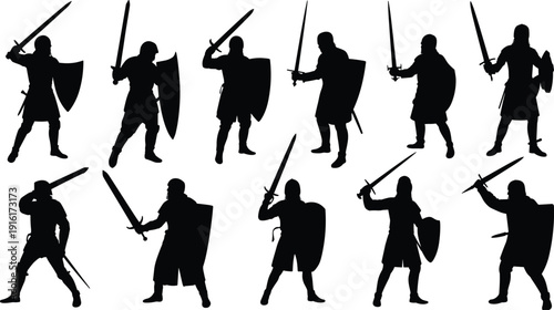 Set of black silhouettes featuring medieval knights in armor, holding swords and shields in various combat stances for historical design.