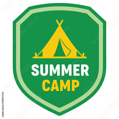 Green shield with yellow tent and summer camp text icon