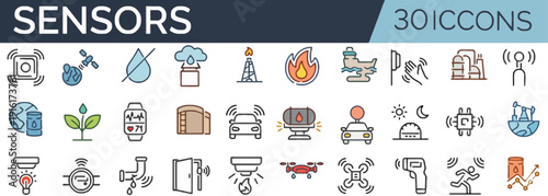 Collection of 30 diverse sensor icons representing various technology and industry applications in a modern flat design