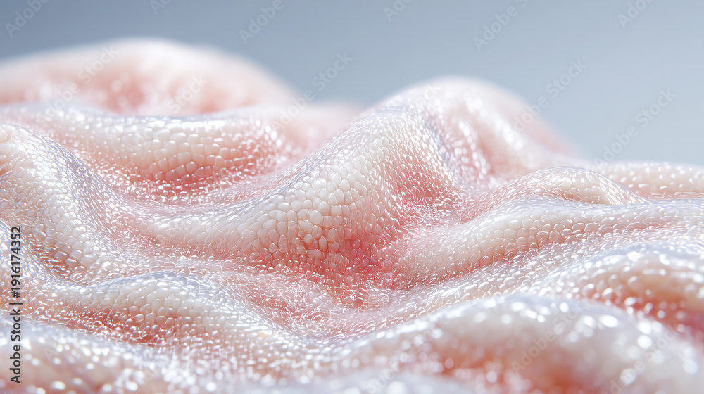 Obraz premium Artificial skin texture cellular structure water droplets macro. Synthetic biological tissue transplant biotechnology innovation. Regenerative medicine laboratory bioengineered membrane material.