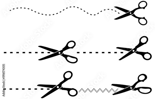 Scissors silhouette set with dashed dotted and zigzag cut lines isolated on white background for coupons and crafts
