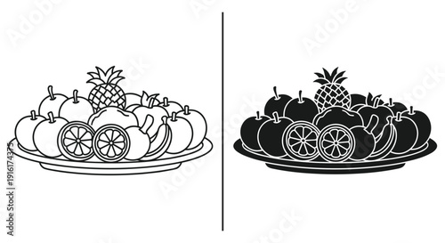 Fruit bowl illustration in black and white