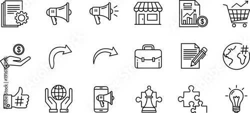Collection of icons representing various business and communication concepts isolated on transparent background, Vector