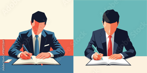 Flat vector illustration set of a person writing in a notebook, flat design, minimalist style, no outline, bright colors