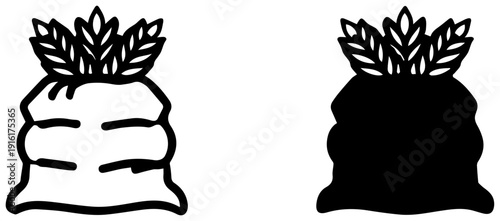 Two black and white icons of burlap sacks filled with malted grain or barley leaves on top isolated on white background