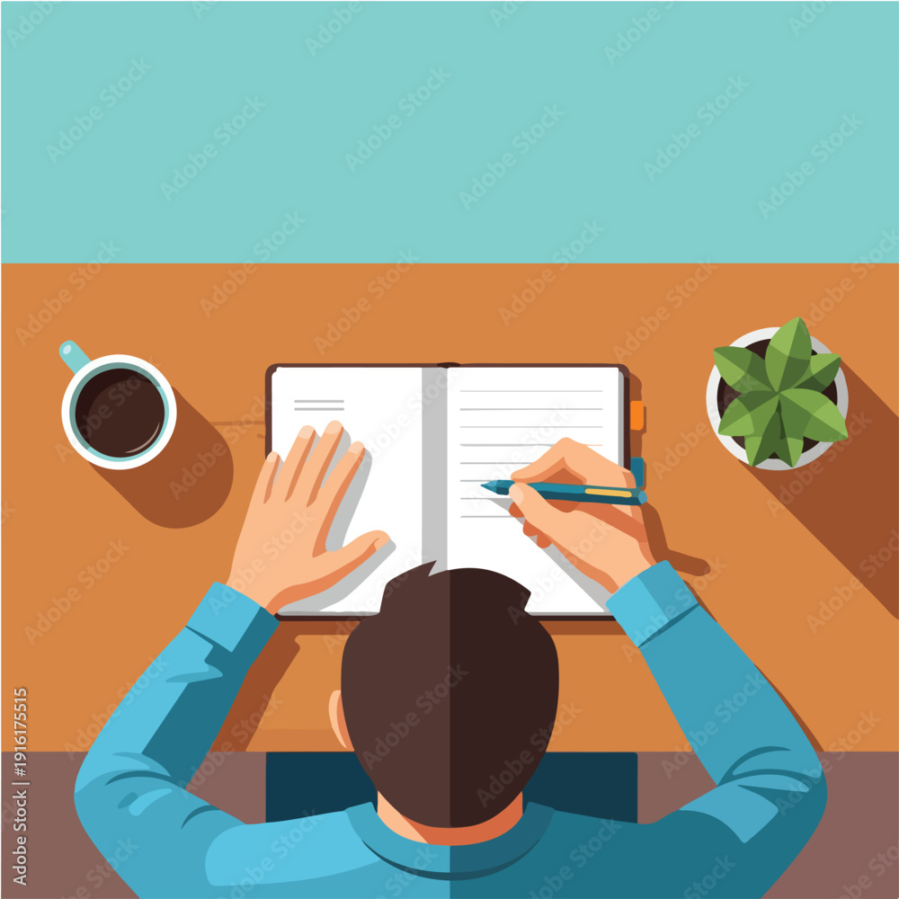 Obraz premium Flat vector illustration a person writing in a notebook, flat design, minimalist style, no outline, bright colors