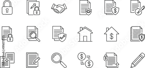 Collection of icons representing various business, legal, and financial services isolated on transparent background, Vector