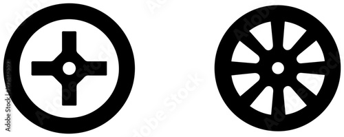 Two black icons of a round wheel and a bat disk arranged on a white background for design use