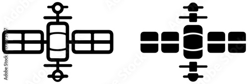 Two black icons of orbital weather satellites in space solar panels extended on white background