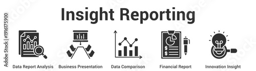 Insight Reporting web banner icon set vector illustration concept for business with icon of Data Report Analysis, Business Presentation, Data Comparison, Financial Repo.