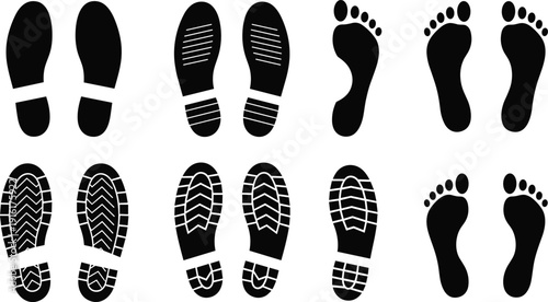 Human and shoe footprints silhouettes, various boot sole tread patterns, bare feet prints, walking trail icons, footwear track marks.