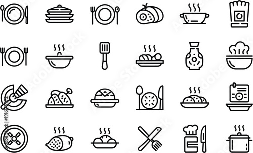Collection of icons representing various food preparation and dining activities isolated on transparent background, Vector