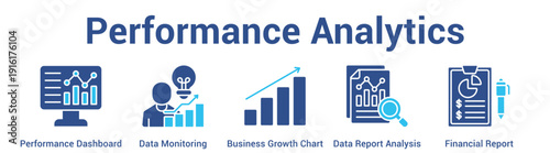Performance Analytics web banner icon set vector illustration concept for business with icon of Performance Dashboard, Data Monitoring, Business Growth Chart, Data Report Analys.