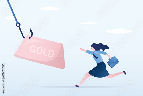 Businesswoman with briefcase runs towards gold bar acting as bait on large fishing hook. Investment scams, high-risk financial traps, baits and dangers of chasing easy wealth