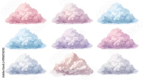 Colorful pastel cotton candy piles on white background