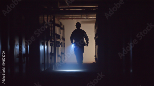 Security guard on night duty inspecting work areas with flashlight, guard at work, nighttime security scene