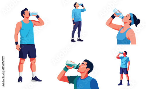 Flat vector illustration set of a person drinking water after exercise, flat design, minimalist, no outline