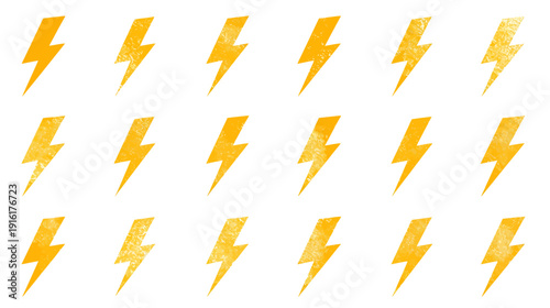 Yellow lightning bolts icons set, electric symbols, energy signs