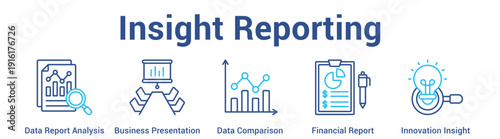 Insight Reporting web banner icon set vector illustration concept for business with icon of Data Report Analysis, Business Presentation, Data Comparison, Financial Repo.