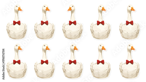Ten white geese with red bow ties on a white background