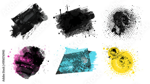 Vibrant colorful paint splatters and smears on white background