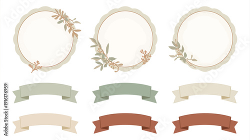 Vintage floral wreaths and ribbons set, decorative elements