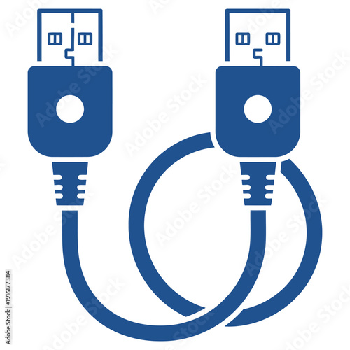 Two blue USB connectors with cables forming a loop isolated on white background icon