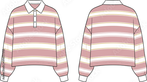Pink Striped Cropped Rugby Shirt Fashion Flat Sketch Front and Back View vector illustration
