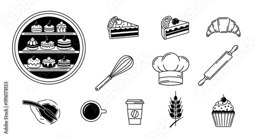 Collection of bakery and baking ingredients illustrations.