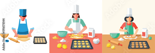 Flat vector illustration set of a person baking cookies, flat design, minimalist shapes, modern bright palette, white background