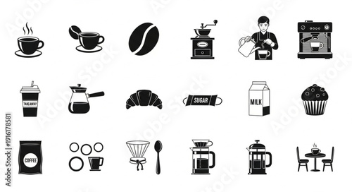 Coffee shop icons and symbols for cafe and beverage business.