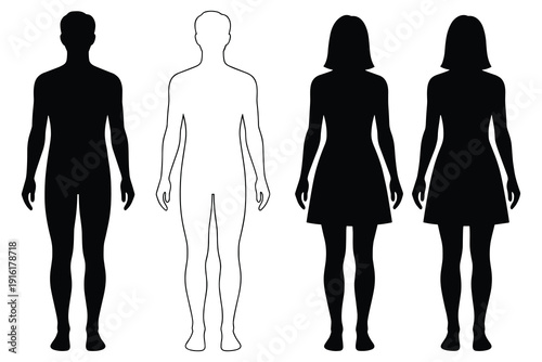 Silhouettes and outlines of male and female figures in dresses on white background Keywords: male, female, man, woman, dress