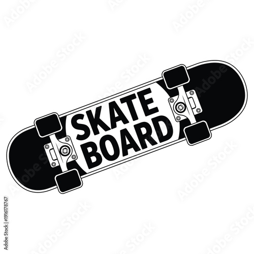 Black and white illustration of a skate board with wheels  recreational sports equipment icon