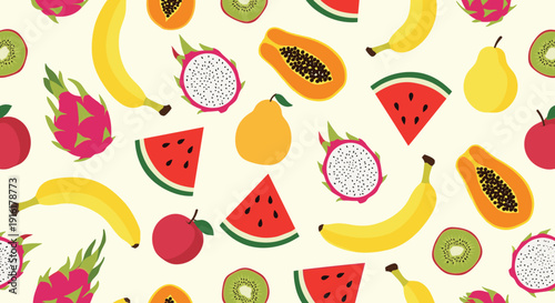 Vibrant seamless pattern of tropical fruits including watermelon dragon fruit banana kiwi and papaya on a light cream background for design.