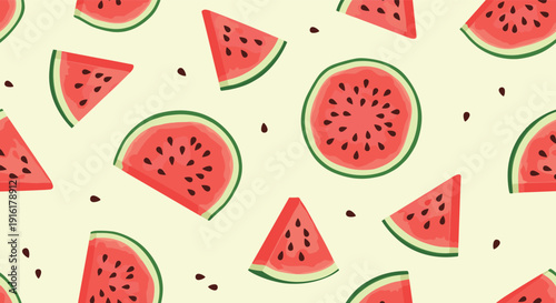Refreshing summer seamless pattern depicts various watermelon slices and black seeds on a pale yellow background for textiles.