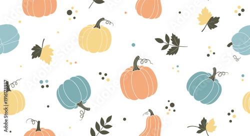Elegant autumn seamless pattern features various colored pumpkins and fall leaves on a clean white background with dots.