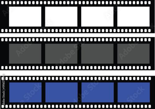 Set of blank film strip frames in white gray and blue isolated PNG with Transparent Background