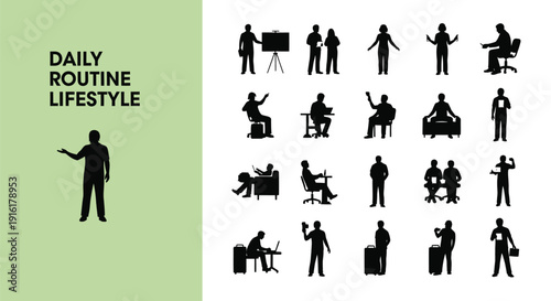 Collection of black silhouette icons representing various daily routine lifestyle activities including business presentations working on computers and traveling figures