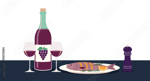 Gourmet dinner illustration showcases a bottle of red wine, two glasses, and a grilled fish platter with rosemary and lemon.