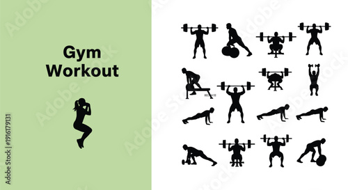 Collection of fitness training silhouettes illustrating diverse weightlifting exercises and bodyweight movements for gym workout inspiration