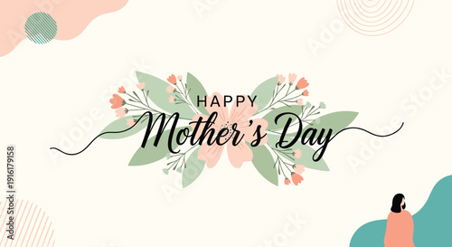 Beautiful Happy Mother's Day greeting card design features soft pink flowers and green leaves with elegant cursive text.