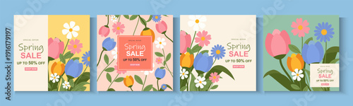 Spring or summer sale templates with beautiful blossom flower nature. set of cards with cute meadow flowers. Floral tropical for holiday  poster, invitation, social media post, Mother's Day, Easter.